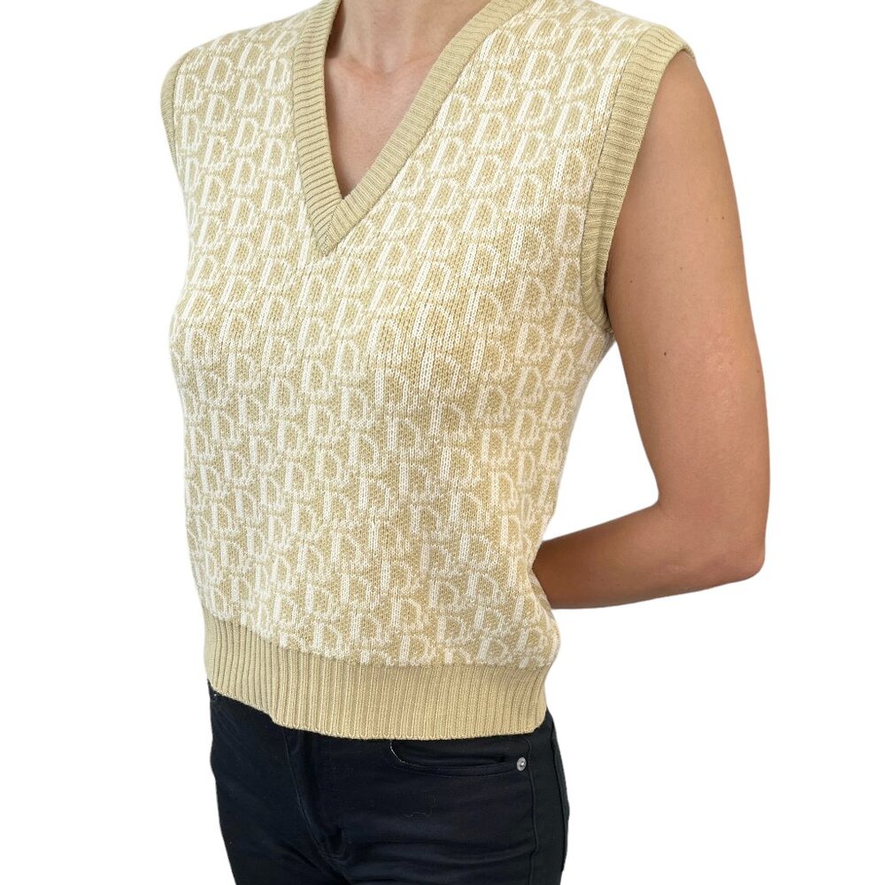 Christian Dior Vintage Logo Trotter Monogram Knit Vest #M Beige Wool [103477]